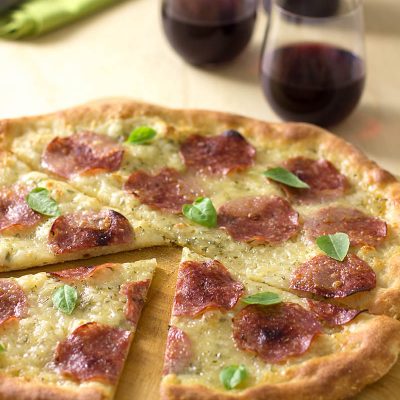 Pizza with Salami, Mozzarella, and Fresh Herbs on JillHough.com