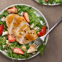 Arugula Salad with Chicken, Strawberries, and Almonds / JillHough.com Pan-searing gets the chicken golden and nicely caramelized, while the berries contribute sweet contrast. From my mini e-cookbook "Finger Lickin' Chicken."