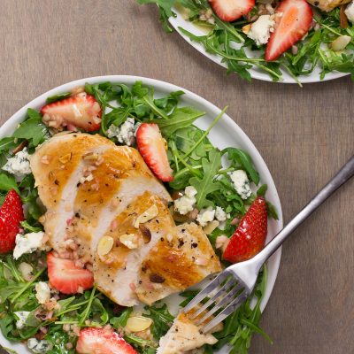 Arugula Salad with Chicken, Strawberries, and Almonds / JillHough.com Pan-searing gets the chicken golden and nicely caramelized, while the berries contribute sweet contrast. From my mini e-cookbook "Finger Lickin' Chicken."