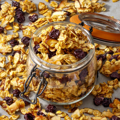 Cherry Almond Granola / JillHough.com My recipe for Cherry Almond Granola. You can experiment with different combinations of fruits and nuts, but this one is definitely delicious. #granola #homemadegranola #cherry #cherries #almond #almonds #almondgranola