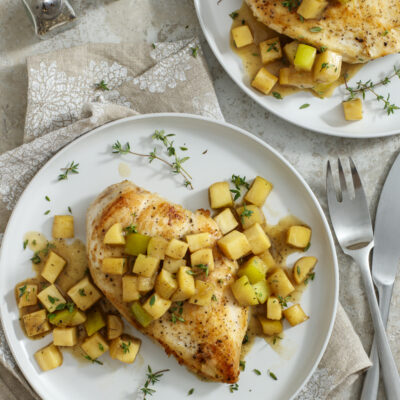 Sauteed Chicken with Parsnip, Apple, and Sherry Pan Sauce / JillHough.com Sautéed Chicken with Parsnip, Apple, and Sherry Pan sauce is an easy way jazz up a simple pan-seared chicken breast. #chicken #parsnip #apple #sherry #pansauce #sauteedchicken #pansearedchicken