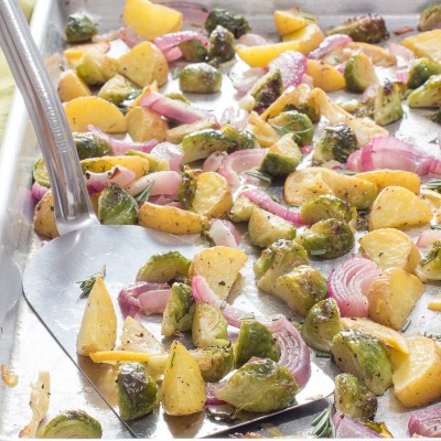 Roasted Brussels Sprouts and Potatoes with Lemon and Rosemary / JillHough.com