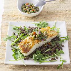Halibut with Green Olive Salsa Verde, Arugula, and Lentils / JillHough.com This dish has a lot going on—silky fish, nutty arugula, earthy lentils, and a vibrant salsa. Being both warming and bright, it’s perfect for spring or fall. #halibut #fish #seafood #arugula #lentils #olives #salsaverde