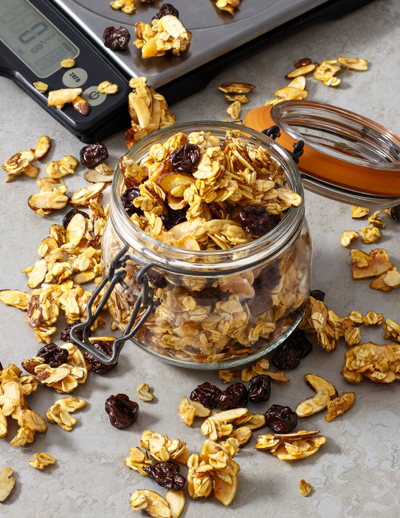Cherry Almond Granola with scale /JillHough.com Why you need a kitchen scale, plus a recipe for Cherry Almond Granola #kitchenscale #scale #kitchentools #kitchengadgets #granola #homemadegranola