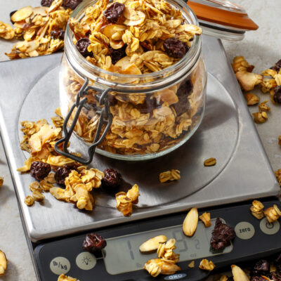 Cherry Almond Granola with scale /JillHough.com Why you need a kitchen scale, plus a recipe for Cherry Almond Granola #kitchenscale #scale #kitchentools #kitchengadgets #granola #homemadegranola