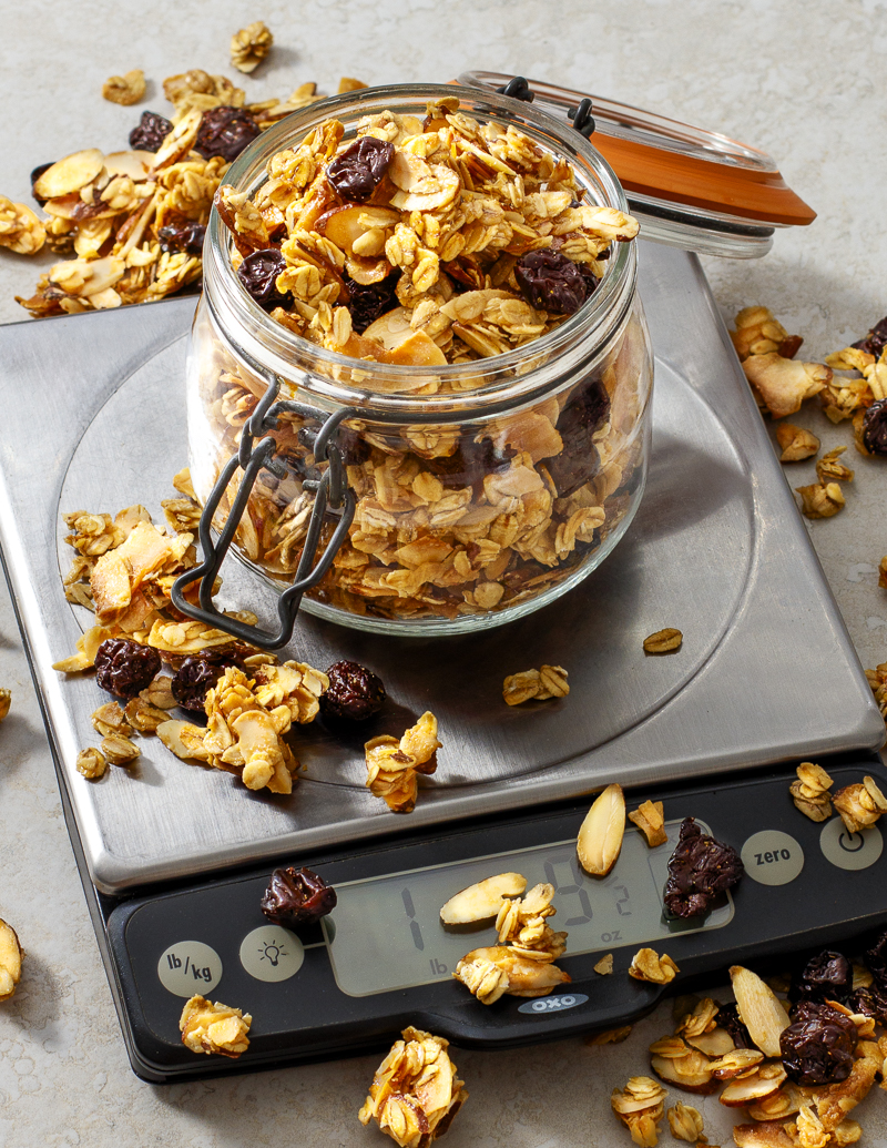 Cherry Almond Granola with scale /JillHough.com Why you need a kitchen scale, plus a recipe for Cherry Almond Granola #kitchenscale #scale #kitchentools #kitchengadgets #granola #homemadegranola