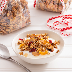 Holiday Cranberry Orange Granola / JillHough.com Laced with cranberries, oranges, and holiday spices, this yummy granola will put you in a festive mood. Enjoy it yourself or for gift-giving.