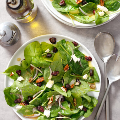 Spinach Salad with Cranberries and Pecans / JillHough.com A purposefully simple salad full of great fall flavors, easy to make and easy to love. #spinach #spinachsalad #cranberries #pecans