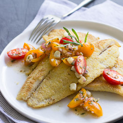 Cornmeal-Crusted Petrale with Tomato-Tarragon Relish / JillHough.com A simple preparation of delicate fish with a sweet-bright tomato topping, and it can be on the table in 30 minutes.