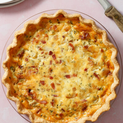 Bacon, Caramelized Onion, and Thyme Pie / JillHough.com A lot like a quiche except it doesn’t have cheese. It also has an unusually high proportion of goodies—in this case, bacon, caramelized onion, and thyme—to quiche-y egg-and-cream custard.
