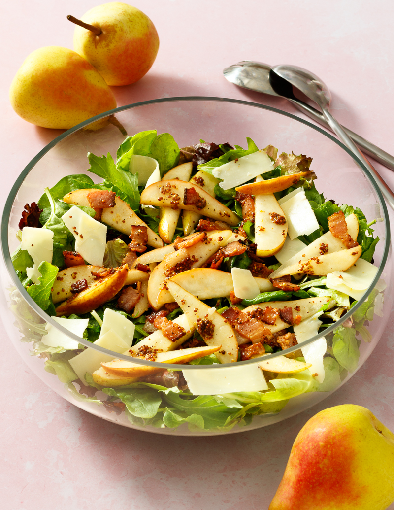 Mixed Greens with Pears, Bacon, Gruyere, and Warm Mustard Vinaigrette / JillHough.com Spicy and sweet, this salad would nicely complement lamb chops, pork chops, steak, or a hearty soup or stew.