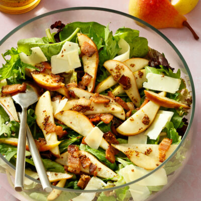 Mixed Greens with Pears, Bacon, Gruyere, and Warm Mustard Vinaigrette / JillHough.com Spicy and sweet, this salad would nicely complement lamb chops, pork chops, steak, or a hearty soup or stew.