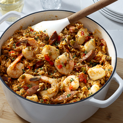 Seafood and Andouille Jambalaya / JillHough.com Jambalaya might sound exotic, but it’s basically a one-pot meal that, after a little chop­ping and cutting, comes together quickly. This particular one is jam-packed with andouille sausage, shrimp, and scallops. #jambalaya #andouille #sausage #shrimp #scallops #onepotrecipe
