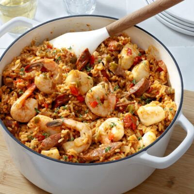 Seafood and Andouille Jambalaya / JillHough.com Jambalaya might sound exotic, but it’s basically a one-pot meal that, after a little chop­ping and cutting, comes together quickly. This particular one is jam-packed with andouille sausage, shrimp, and scallops. #jambalaya #andouille #sausage #shrimp #scallops #onepotrecipe