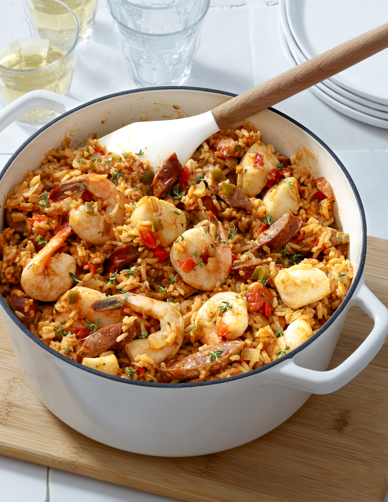 Seafood and Andouille Jambalaya / JillHough.com Jambalaya might sound exotic, but it’s basically a one-pot meal that, after a little chop­ping and cutting, comes together quickly. This particular one is jam-packed with andouille sausage, shrimp, and scallops. #jambalaya #andouille #sausage #shrimp #scallops #onepotrecipe