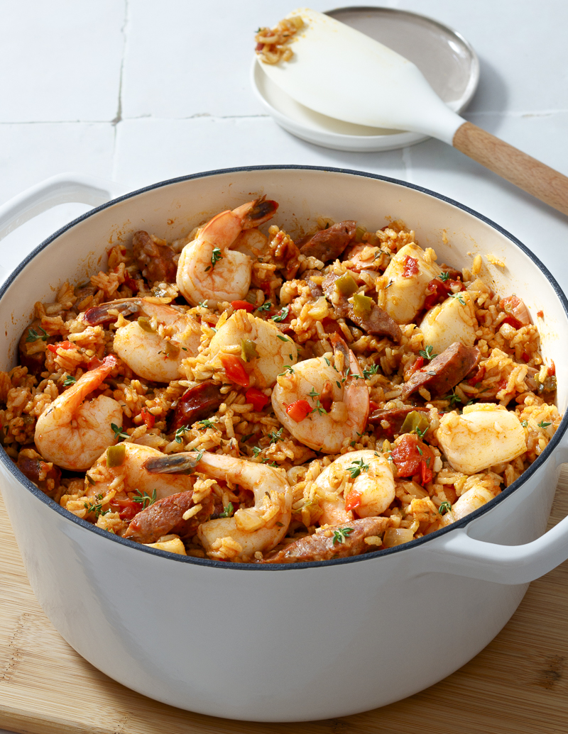 Seafood and Andouille Jambalaya / JillHough.com Jambalaya might sound exotic, but it’s basically a one-pot meal that, after a little chop­ping and cutting, comes together quickly. This particular one is jam-packed with andouille sausage, shrimp, and scallops. #jambalaya #andouille #sausage #shrimp #scallops #onepotrecipe