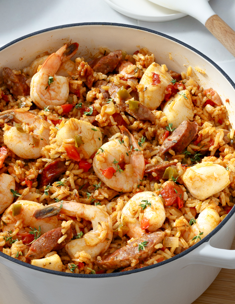 Seafood and Andouille Jambalaya / JillHough.com Jambalaya might sound exotic, but it’s basically a one-pot meal that, after a little chop­ping and cutting, comes together quickly. This particular one is jam-packed with andouille sausage, shrimp, and scallops. #jambalaya #andouille #sausage #shrimp #scallops #onepotrecipe