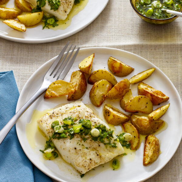 Halibut and Potatoes with Cilantro-Scallion Salsa / JillHough.com A delectable piece of fish, perfectly browned potatoes, and a simple, spectacular salsa. #fish #fishandseafood #halibut #potatoes #salsa #cilantro #scallion
