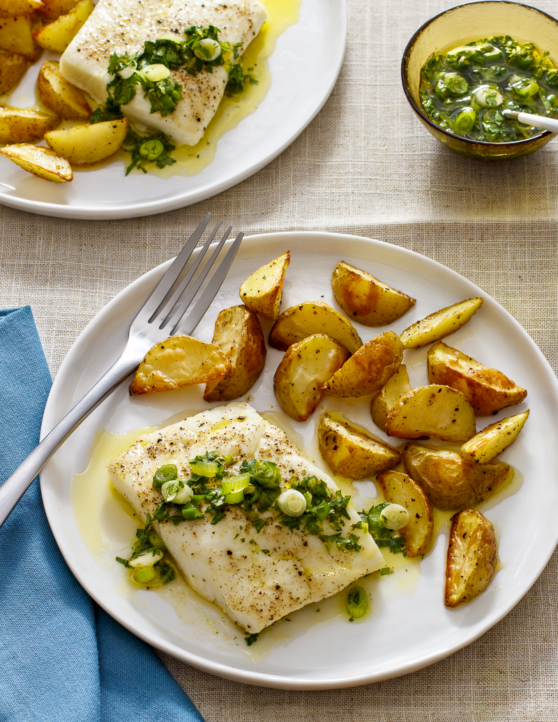 Halibut and Potatoes with Cilantro-Scallion Salsa / JillHough.com A delectable piece of fish, perfectly browned potatoes, and a simple, spectacular salsa. #fish #fishandseafood #halibut #potatoes #salsa #cilantro #scallion