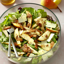 Mixed Greens with Pears, Bacon, Gruyere, and Warm Mustard Vinaigrette / JillHough.com Spicy and sweet, this salad would nicely complement lamb chops, pork chops, steak, or a hearty soup or stew. #pears #bacon #pearsalad #fallsalad #gruyere #mustard #vinaigrette