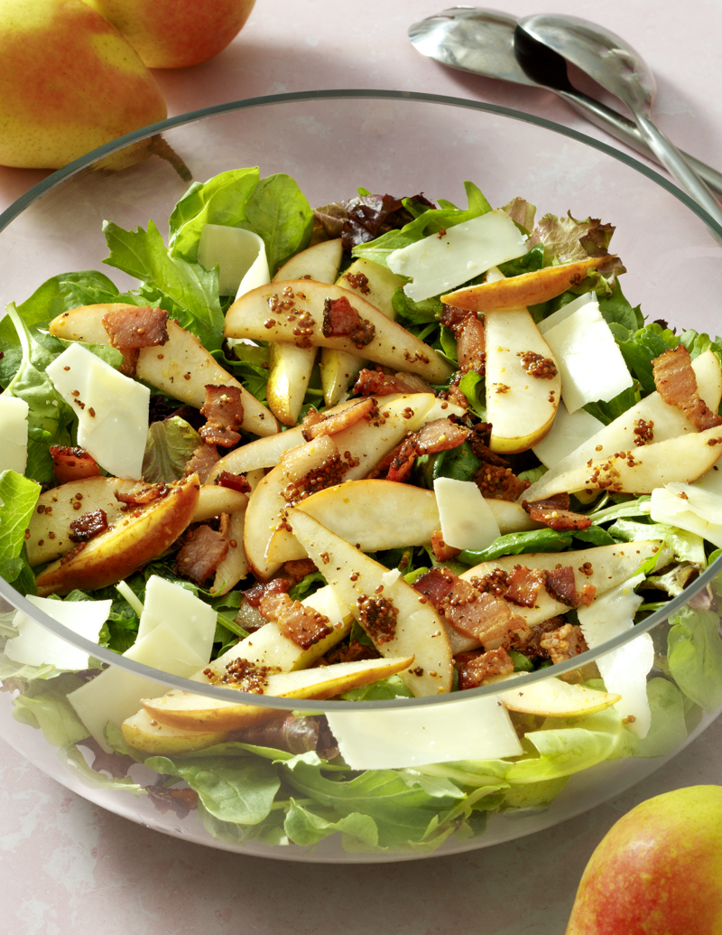 Mixed Greens with Pears, Bacon, Gruyere, and Warm Mustard Vinaigrette / JillHough.com Spicy and sweet, this salad would nicely complement lamb chops, pork chops, steak, or a hearty soup or stew. #pears #bacon #pearsalad #fallsalad #gruyere #mustard #vinaigrette